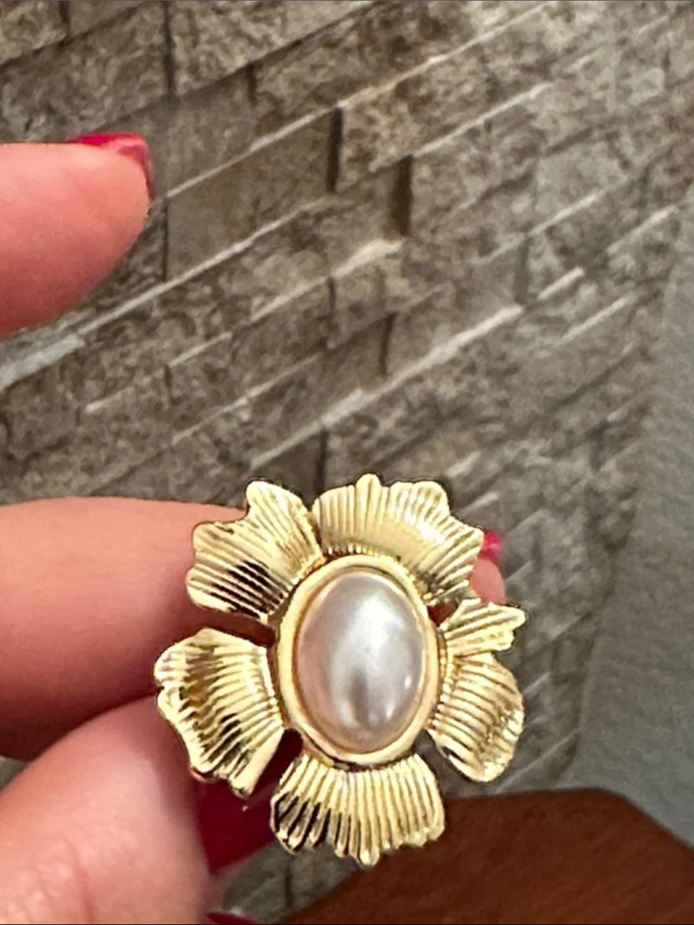 Gold Flower Pearl Center Statement Open Ring